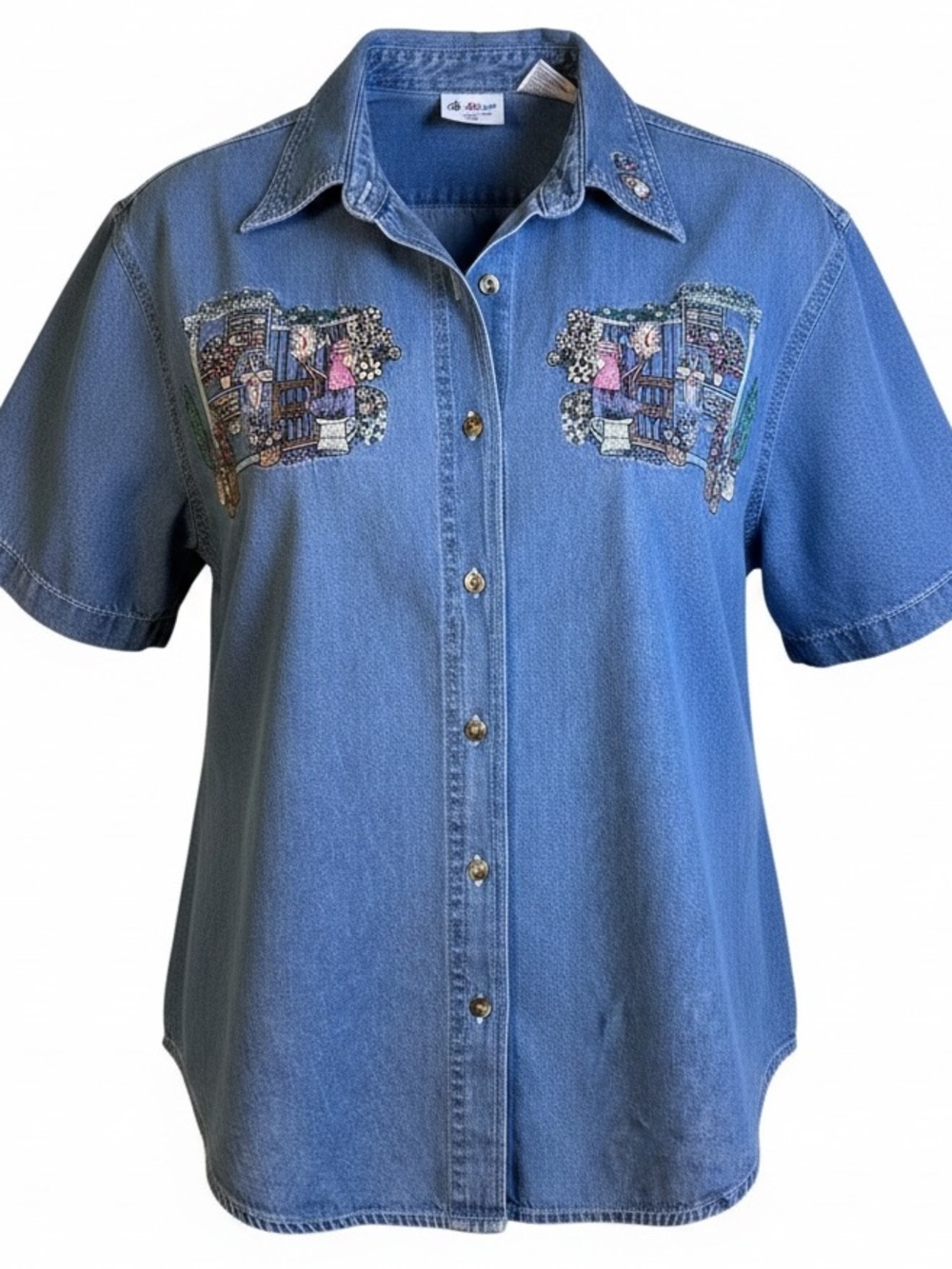 BOBBIE BROOKS VTG 90s Embroidered Garden Denim Shirt L Cottagecore GrandmaCore